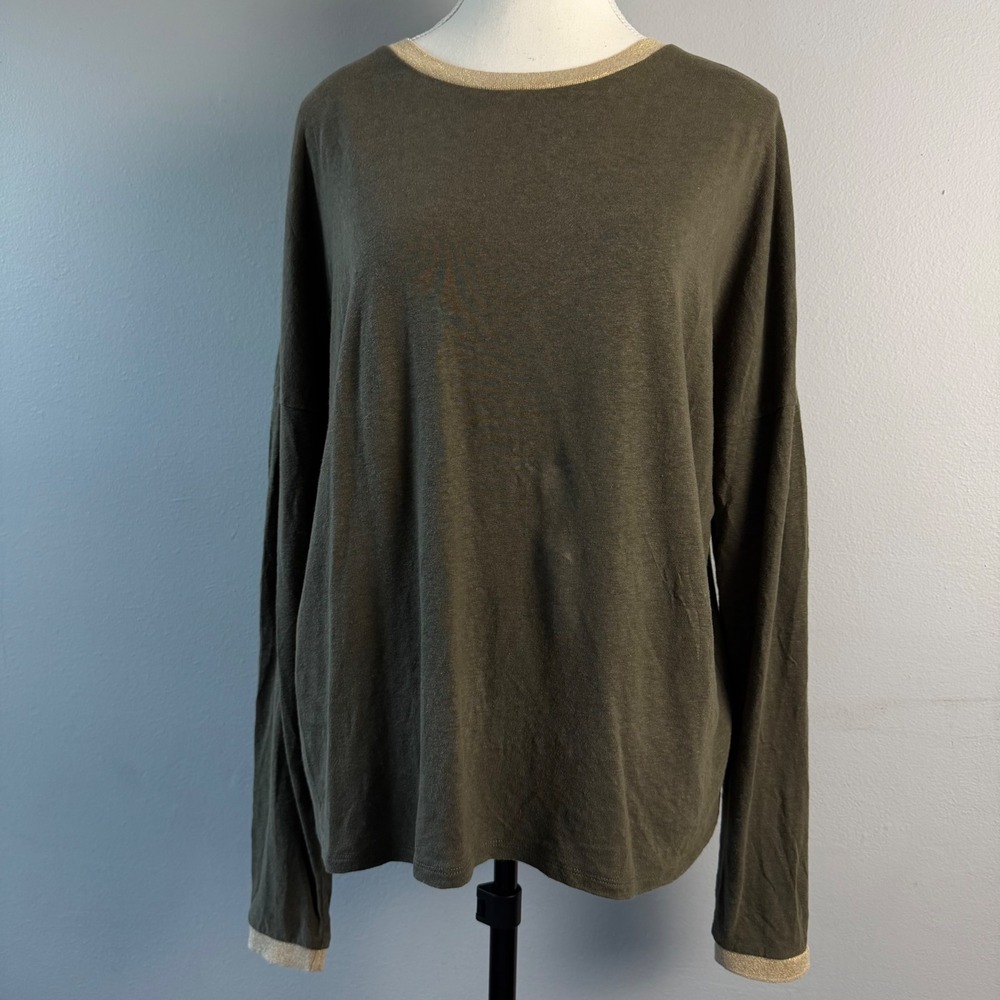 Boden Womens Large Olive Green Linen Blend Long Sleeve Top Gold Metallic Trim